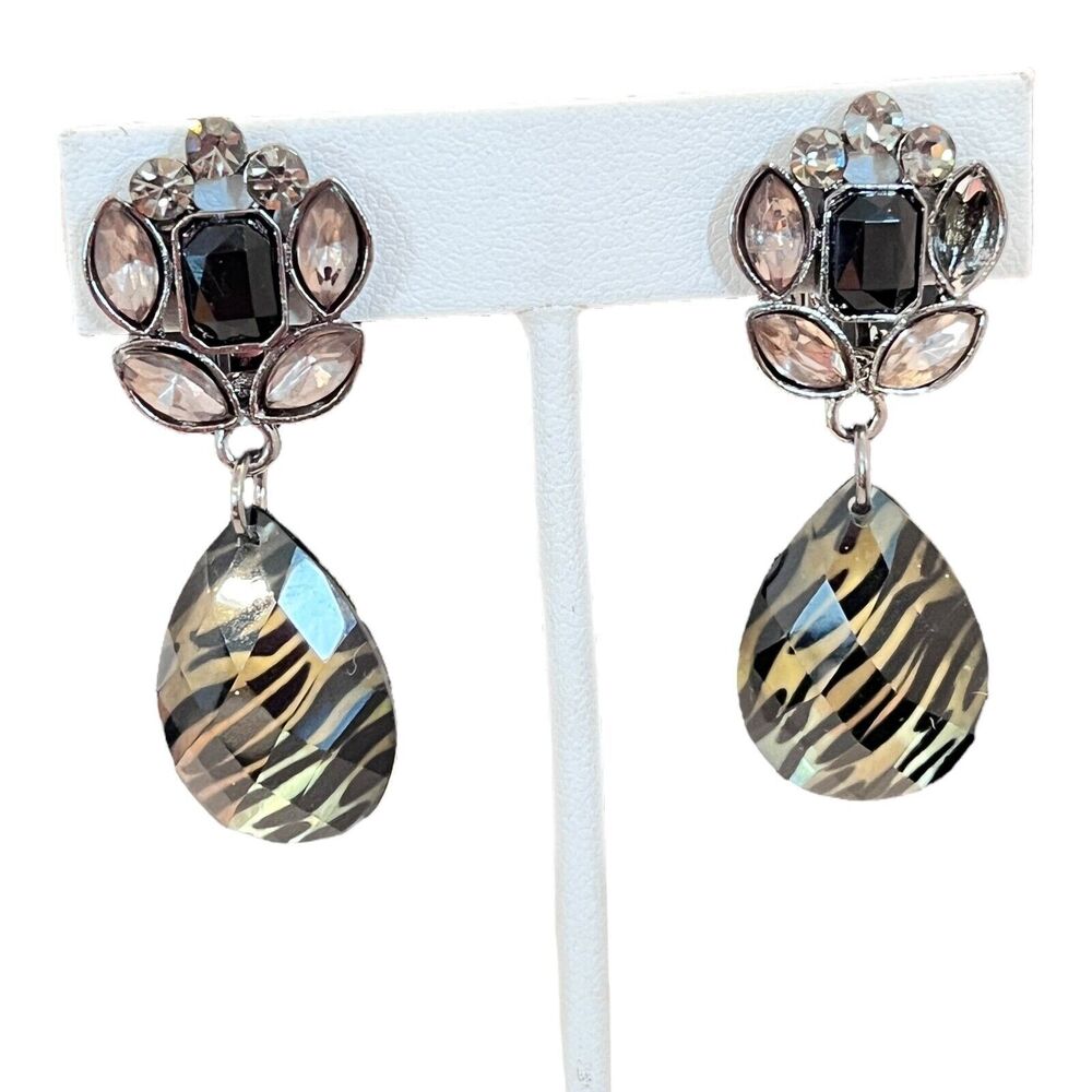 Vintage 1980s Drop Earrings Hematite Tone Crystal Animal Print Bead Clip - 12R